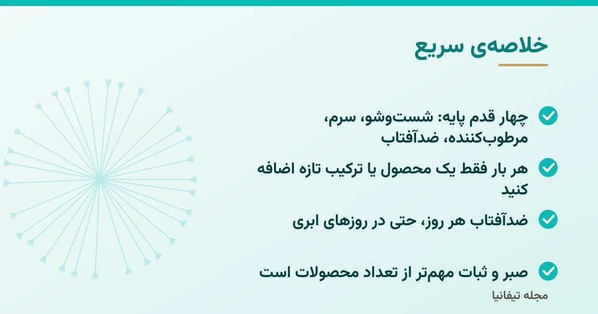خلاصهی سریع: راهنمای کامل مراقبت از پوست: از روتین روزانه تا انتخاب ترکیبات