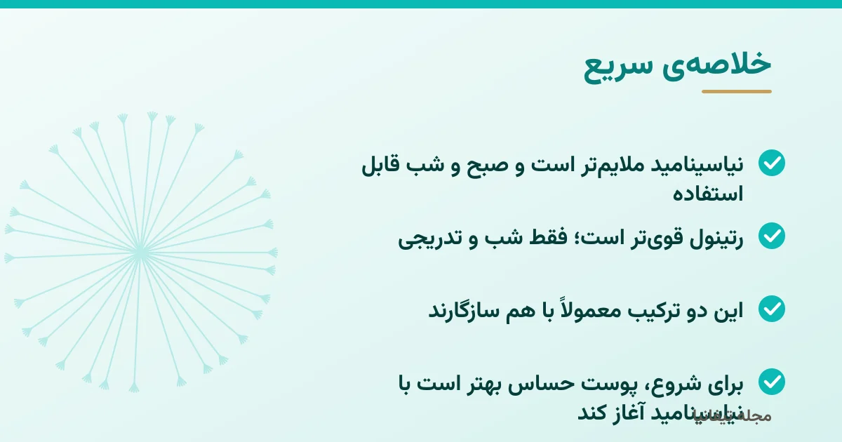 خلاصهی سریع: رتینول یا نیاسینامید؟ تفاوت، کاربرد و انتخاب مناسب برای پوست شما
