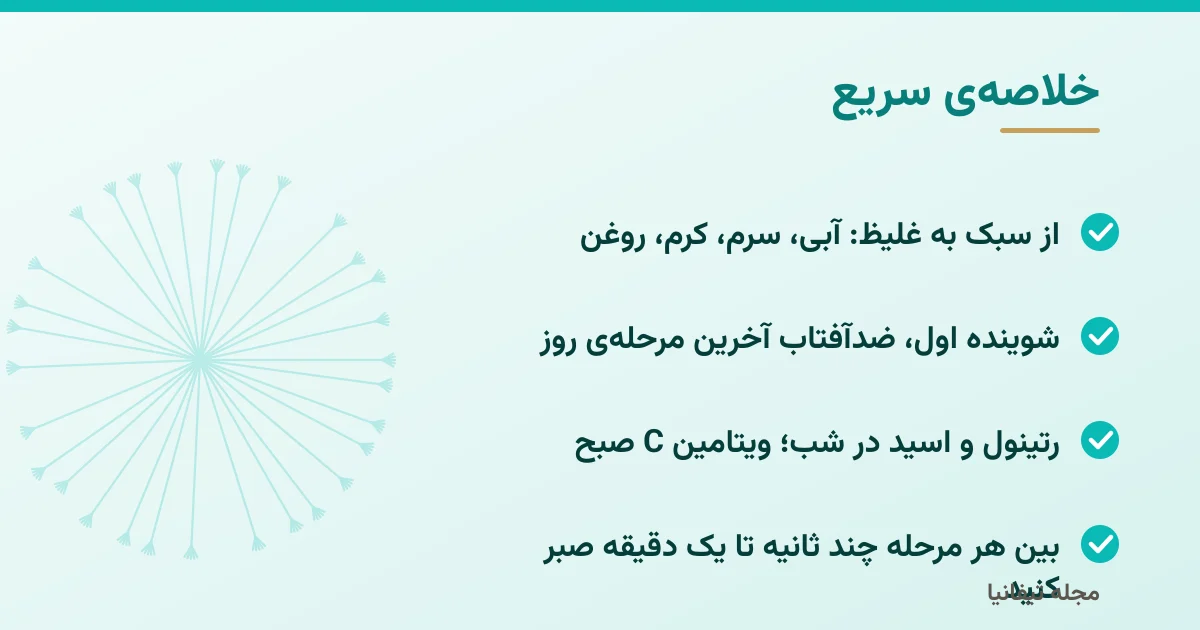 خلاصهی سریع: ترتیب استفاده از محصولات مراقبت پوست: چه چیزی را قبل از چه چیزی بزنیم؟